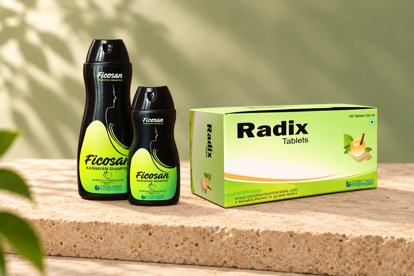 Ficosan Kashayam Shampoo and Radix Tablets displayed on a stone platform in soft botanical light